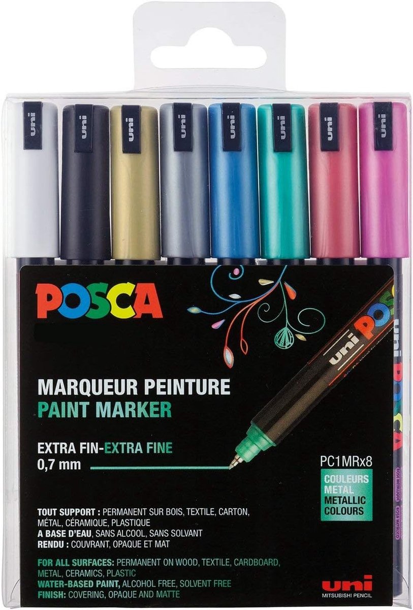 SnelShoppen - Set van 8 Metallic POSCA Markers met Gekalibreerde Punt - Perfect voor Creatieve Projecten, Kunst, Scrapbooking en Decoratie