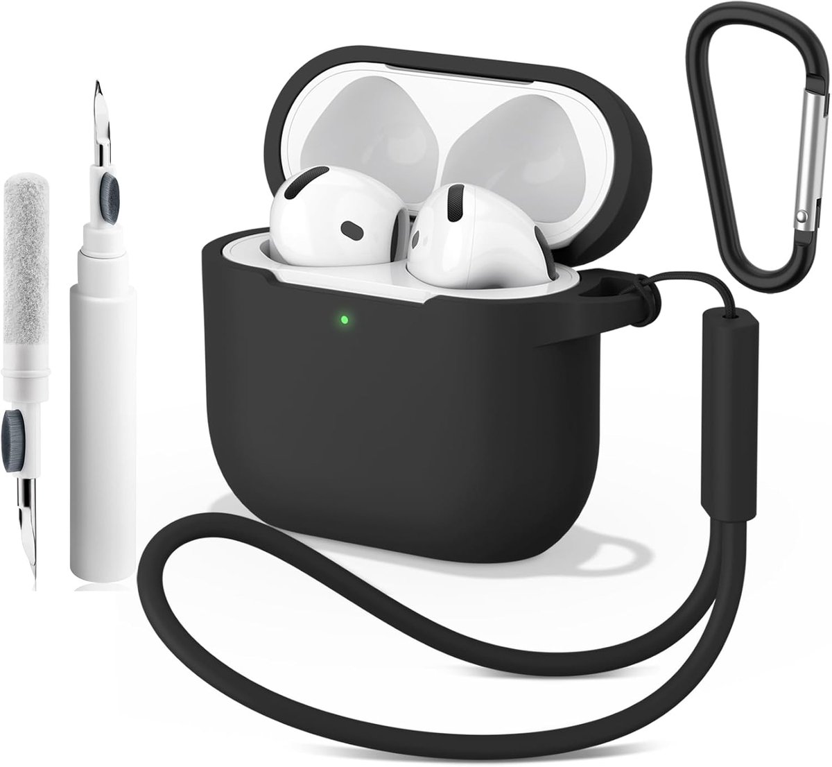 SnelShoppen - Silicone Case voor AirPods 4 (2024) met Schoonmaakpen, Carabiner en Koord, 2mm Dun, Schokbestendig, Krassenbestendige Beschermcase, 4-in