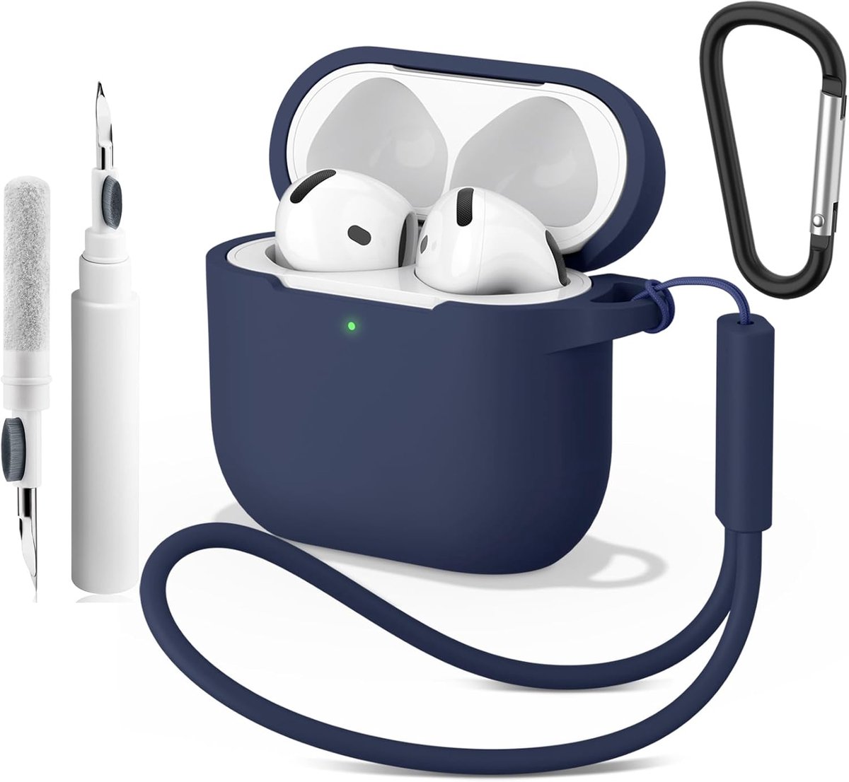 SnelShoppen - Silicone Case voor AirPods 4 (2024) - Slank, Shockproof, Krastbestendig, 4-in-1 Kit met Reinigingspen en Carabiner - Perfecte Beschermin