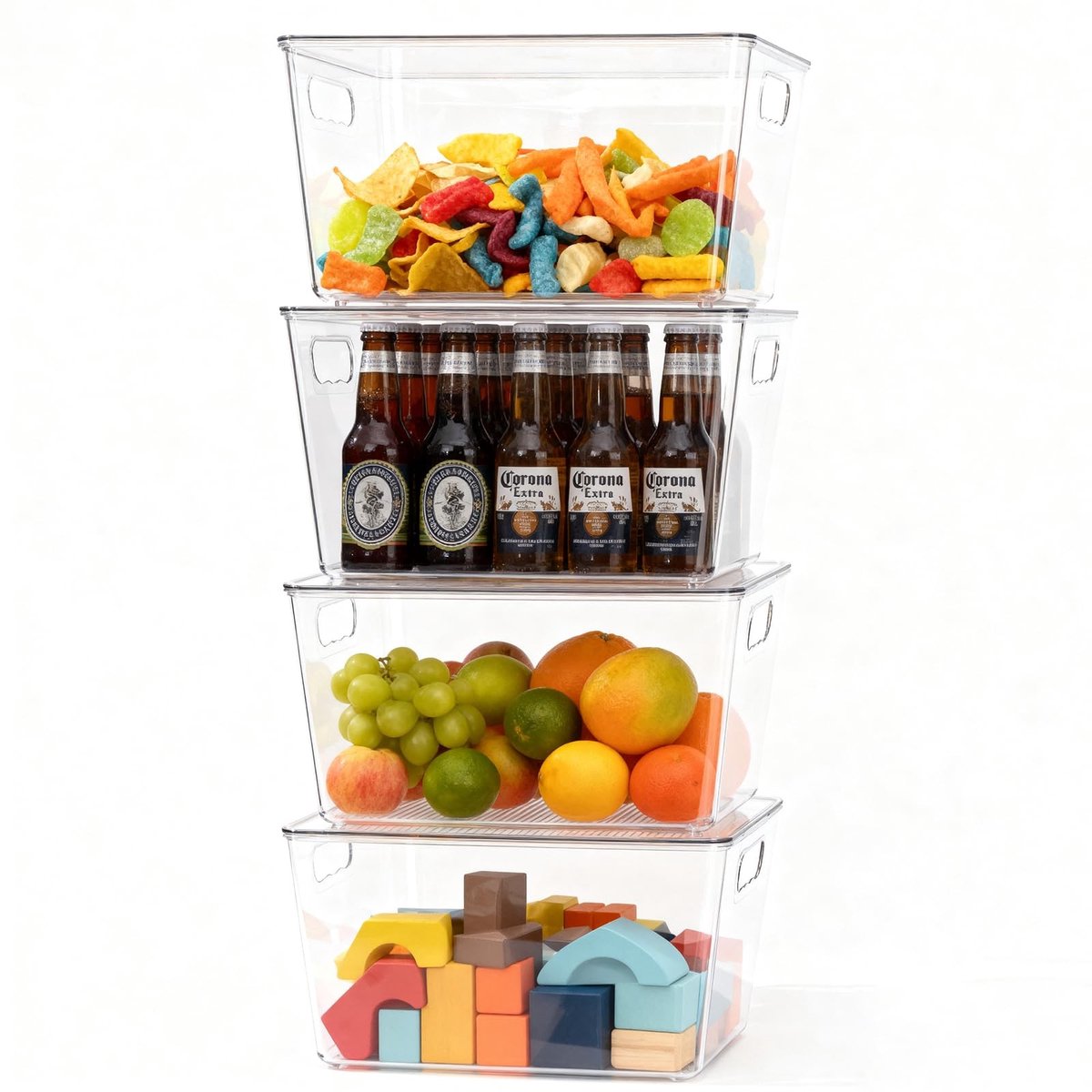 Inovra- Koelkast-organisator 4-pack - Doorzichtige Opbergbakjes - Stapelbare Bakjes - Handgrepen - 29x19x15 cm - Met Deksel - Opbergbak