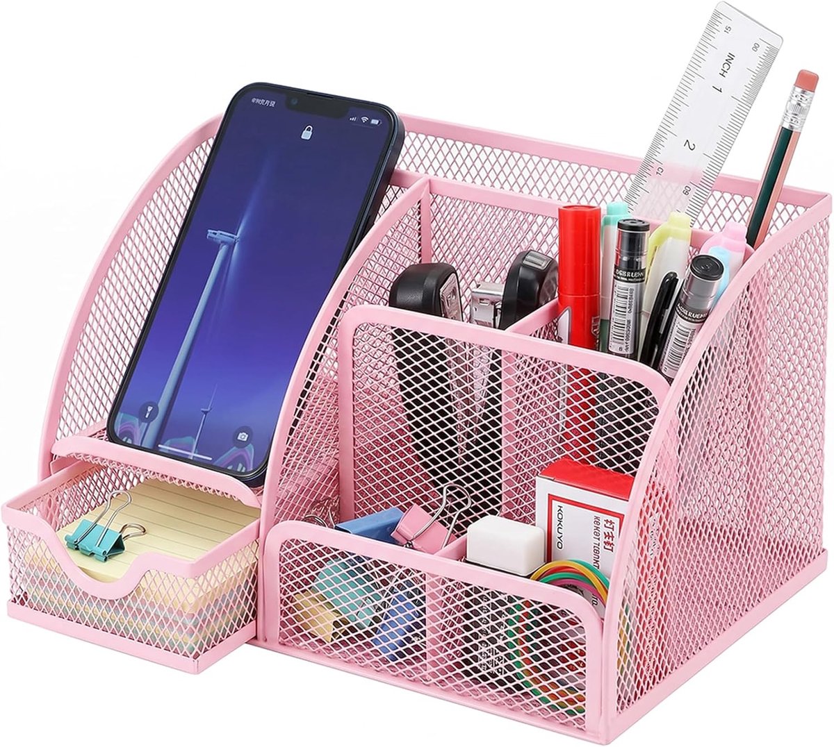 Bureau-organizer met 7 vakken - metalen rek - roze - ideaal voor kantoorbenodigdheden - ShopVlot
