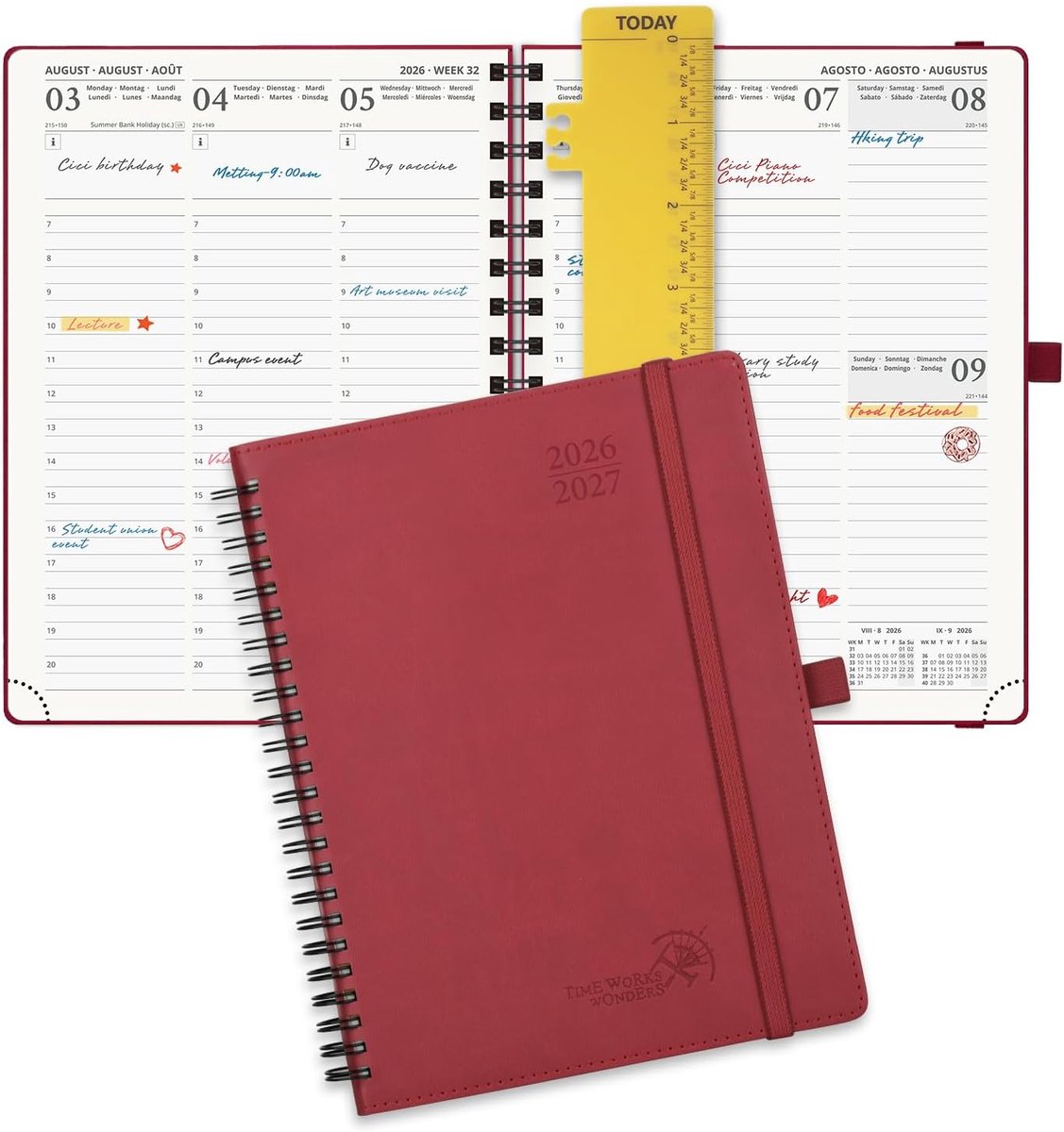 Thijox - POPRUN Agenda 2026 2027 Weekplanner 22x16,5 cm, Verticaal Planner met Zachte Spiral Binding, 17 Maanden van Aug'26 tot Dec'27, Bourgondisch R
