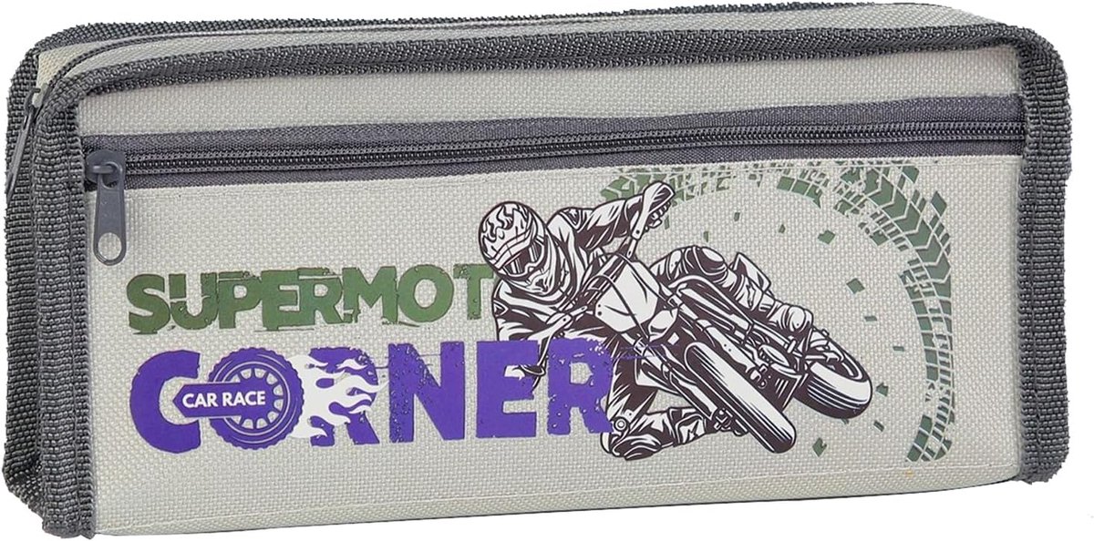 SnelShoppen - Grijze Motorfiets Etui - Grote Capaciteit Pennenbox - Dubbele Rits - Jongens School Geschenk - Waterdicht en Duurzaam Oxford
