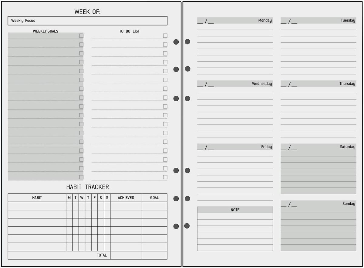 SnelShoppen - A5 Weekly Planner Refill Pack - Organizer met To-Do Lijst, Habit Tracker, Notitiepagina's, Contactpagina's, Schoolkalender, 100g/m² Papi