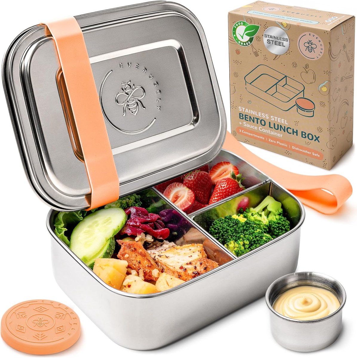 Thijox - Bento Box - Oranje - 0,8 L - RVS Lunchbox met Lekvrije Sauscontainer - 3-vaks Snackorganizer voor Kinderen en Volwassenen - Ideaal voor Werk,