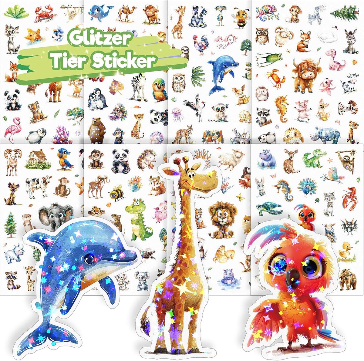 Thijox - Dierenstickers voor Kinderen, 8 Stuks Glitterstickers, Holografische Folie, Zeemeerminstickers voor Boeken, Schooltassen, Tablets, Fietsen, D