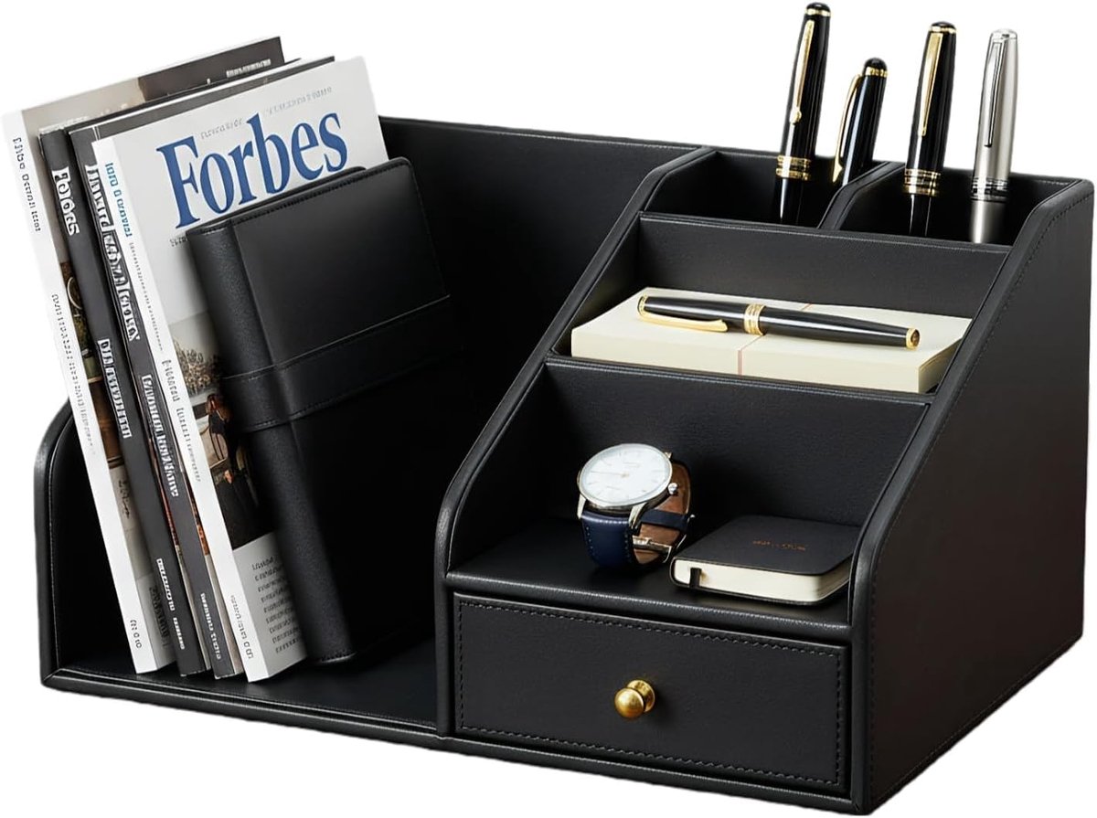 Thijox - Bureau-organizer met A4 Sta-Verzamelaar, Multifunctionele Pennenhouder, PU-leer, Zwart, Kantoorbenodigdheden, Tijdschriftenverzamelaar, Burea