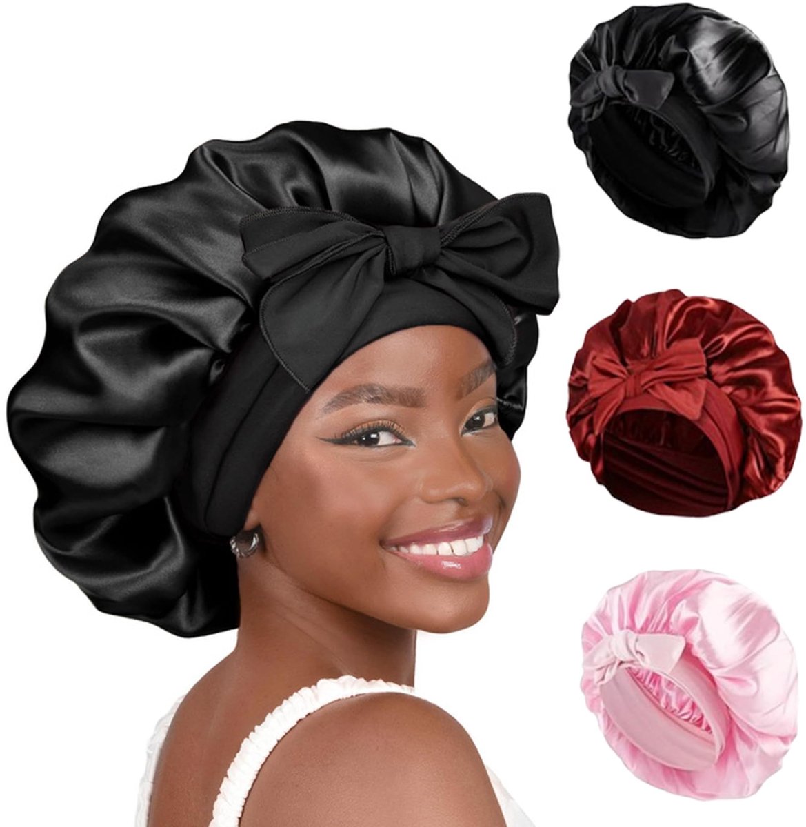 Dailygoods - Satijnen haarkappen, 3 stuks, verstelbare nachtslaapmuts, ademende slaapmuts, zijde, elastische slaapmuts voor dames en meisjes, beschermt het haar 's nachts (wijnrood, zwart, roze), roze, zwart,