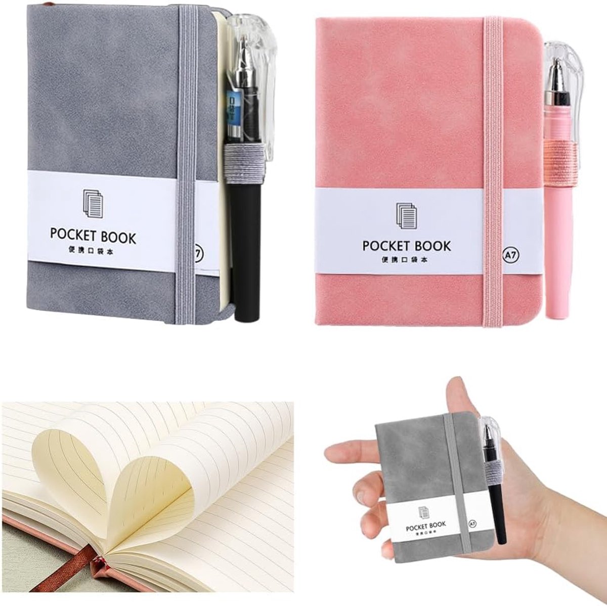 Thijox - 2 Kleine Notitieboekjes A7 met Pen - Hardcover, 200 Pagina's, Mini Notitieblok met Elastische Sluitband en Penhouder voor Thuis, Kantoor, Rei