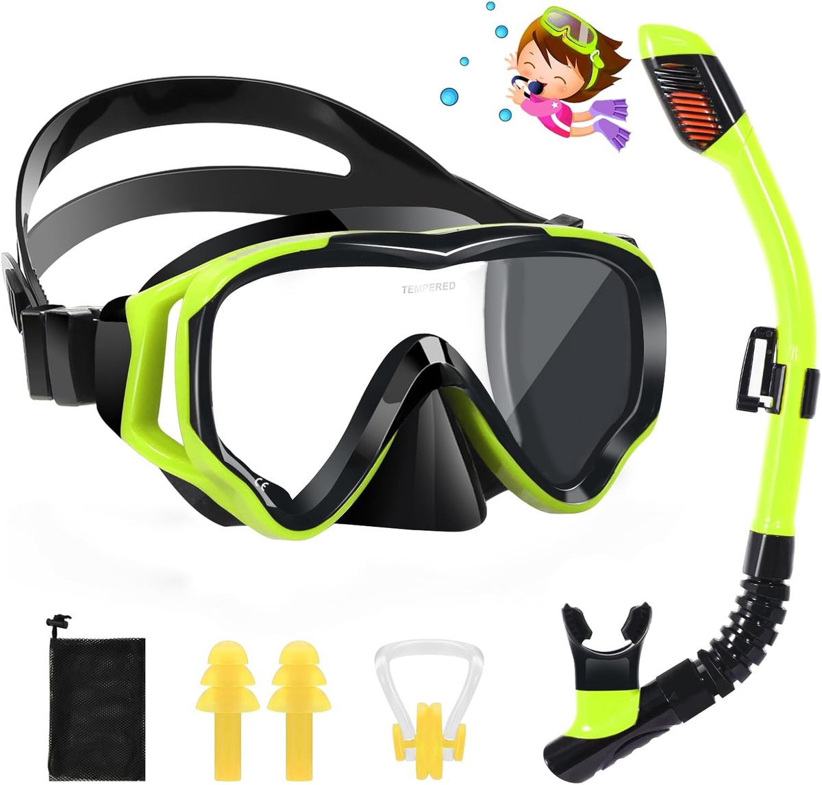 SnelShoppen - Snorkelset voor Kinderen 4-12 Jaar - Droge Snorkelset met Anti-condens Duikmasker, Panorama Zicht, Waterdichte Oordopjes, Geel - Perfect