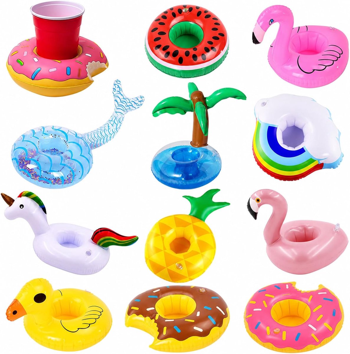 Thijox - Set van 11 Opblaasbare Drinkhouders voor Zwembad - Flamingo, Eenhoorn, Donut & Watermeloen - Perfect voor Zomer, Strand, Feest en Tuin - Voor