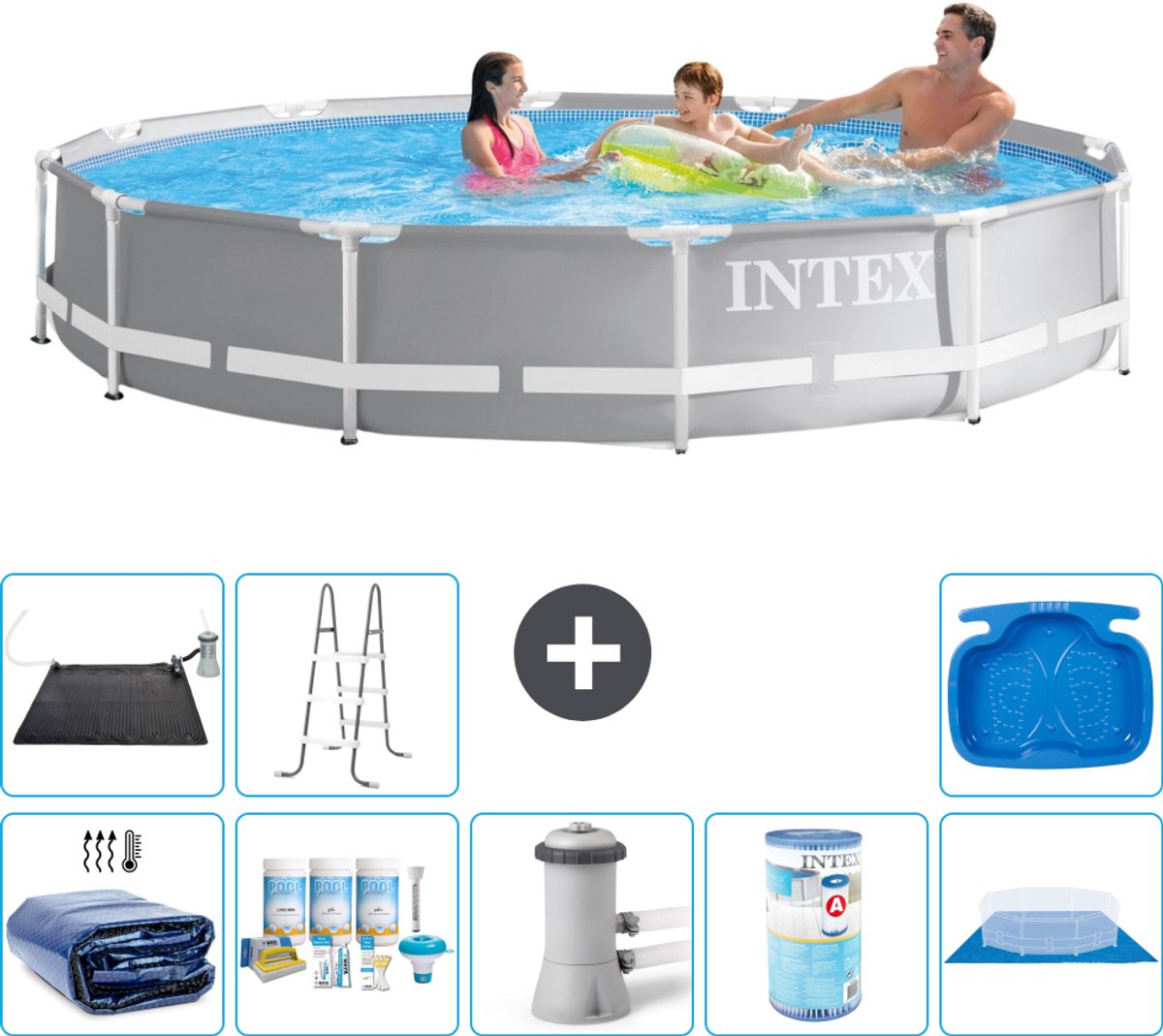 Intex Rond Prism Frame Zwembad - 366 x 76 cm - Grijs - Inclusief Solarzeil - Onderhoudspakket - Zwembadfilterpomp - Filter - Grondzeil - Solar Mat - Ladder - Voetenbad - 9-delig