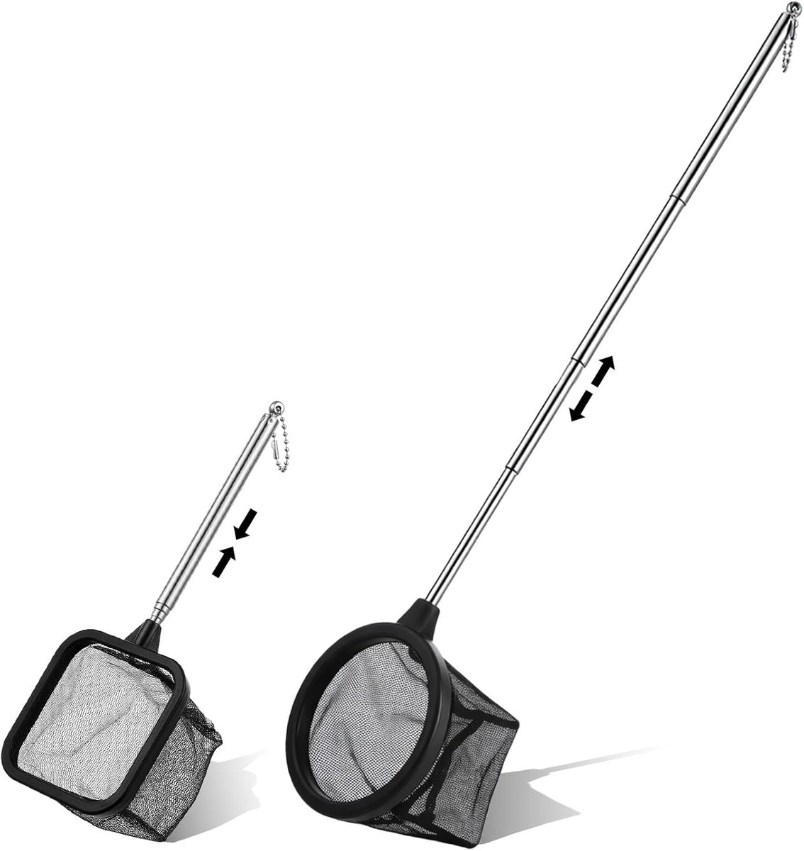 Thijox - Aquarium Garnalennet Set van 3 Kleine Visnetten met Uitschuifbare Roestvrijstalen Handgreep, 8 cm Rond + Vierkant Fijn Gaas Net voor Vissen,