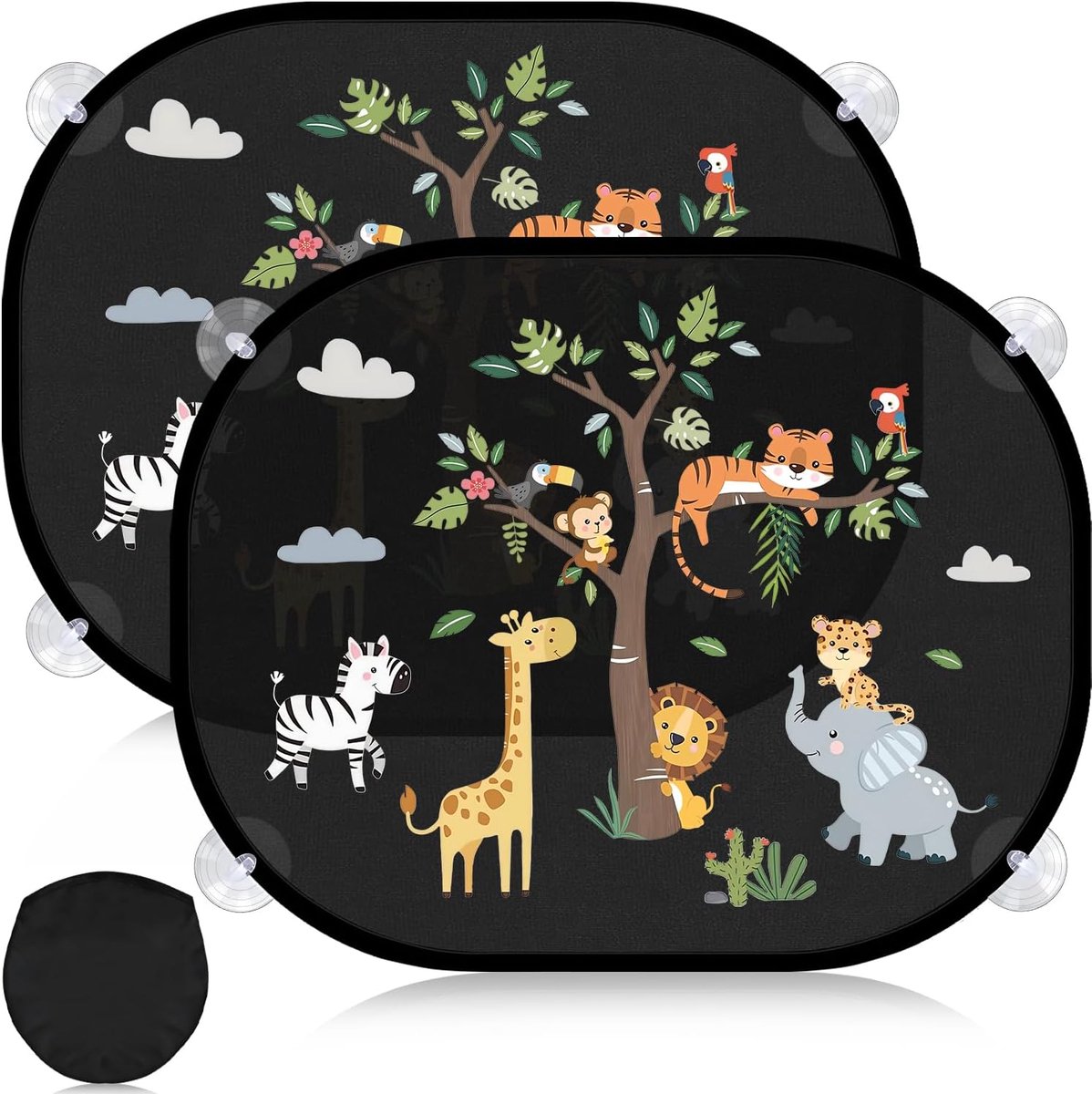 Thijox - Set van 2 zonwering auto baby met UV-bescherming, 44 x 36,5 cm autoruit zonneklep voor kinderen met schattige bosdieren motieven en 8 zuignap