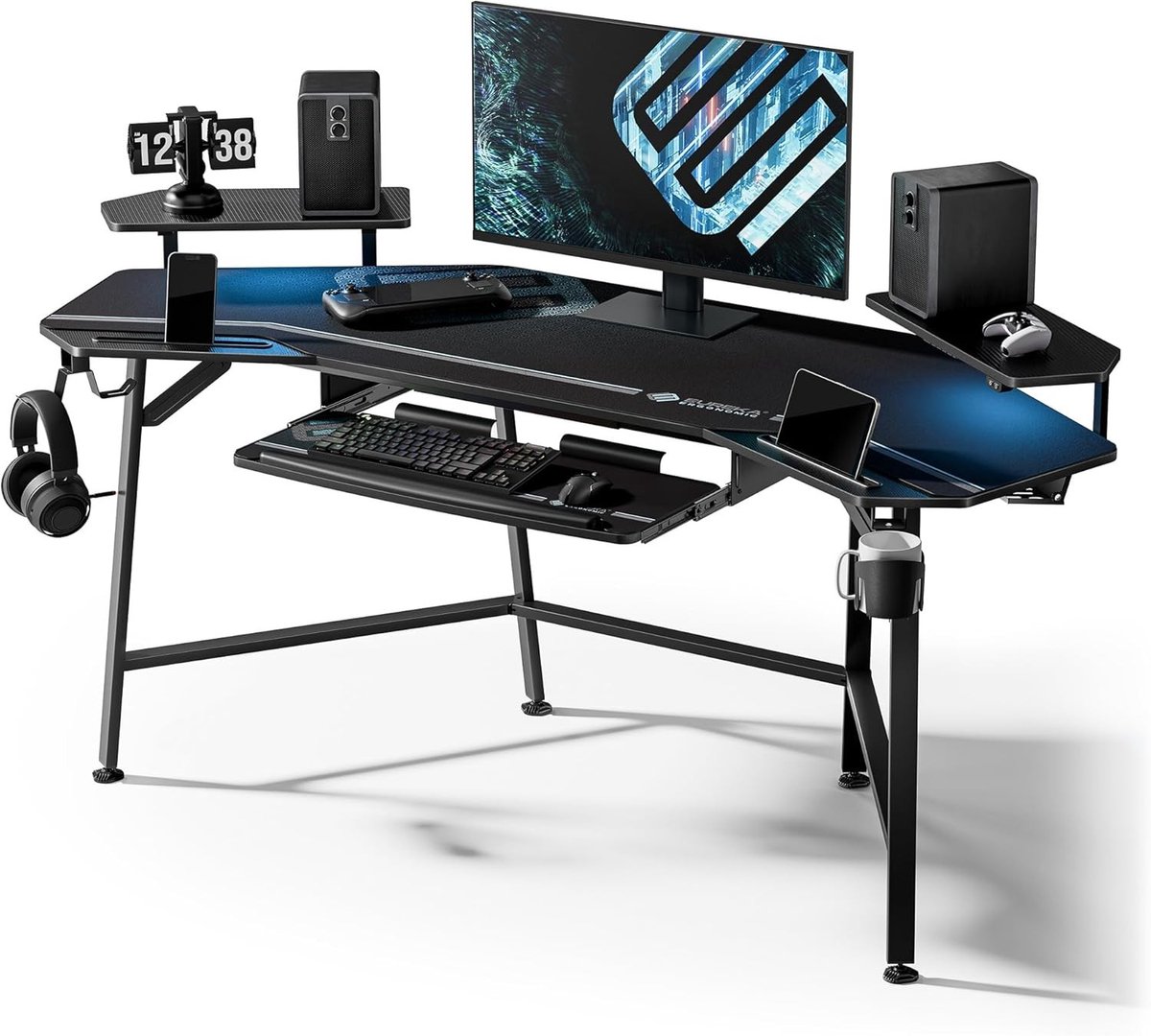 Ergonomische Gaming Bureau met LED Verlichting, Wingvormig Ontwerp voor PC, 2 Monitoren en Hoofdtelefoon Haken - 182 x 76 cm