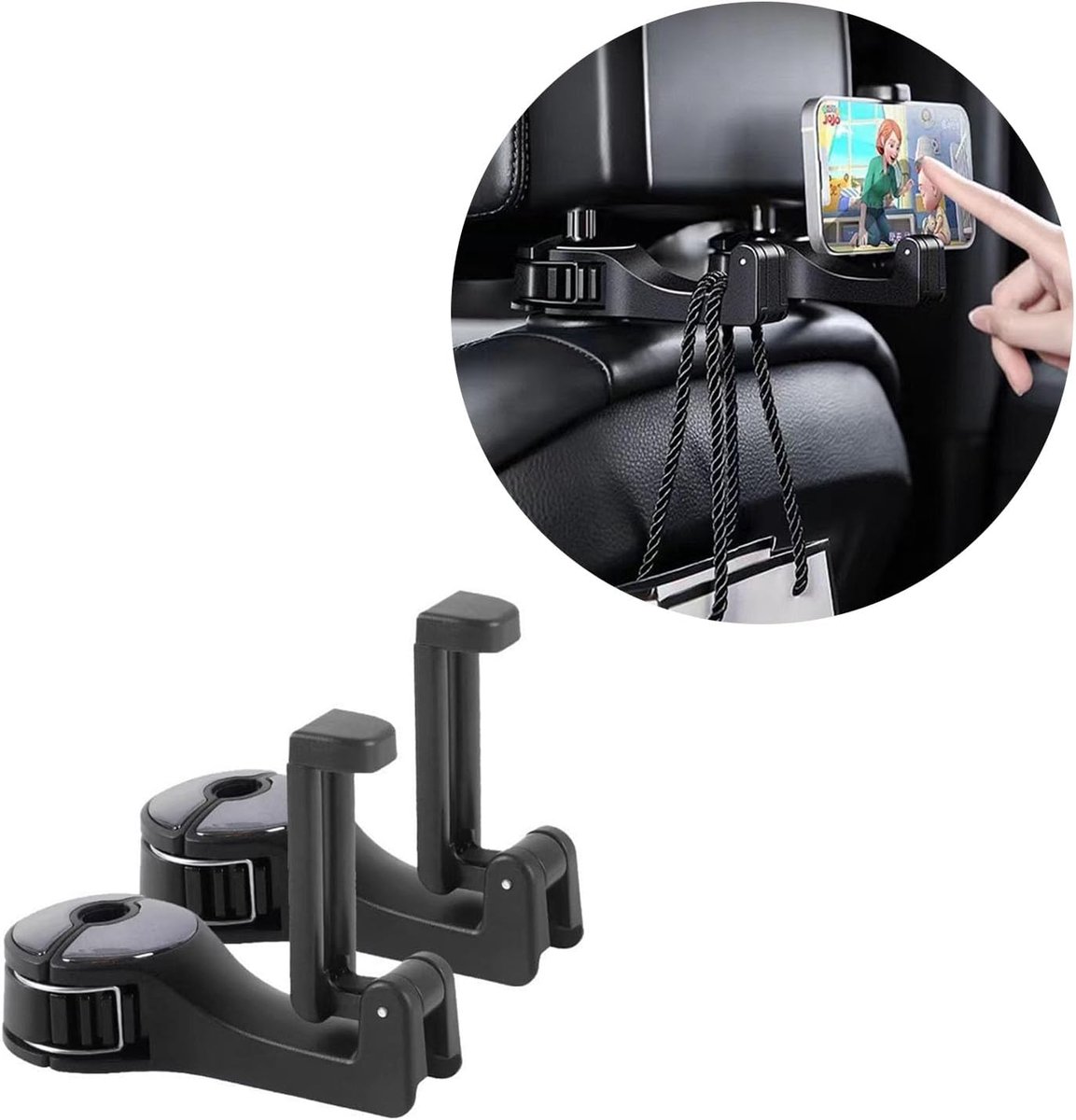 Thijox - Hoofdsteunhouder Autohaak met Telefoonhouder - 360° Draaibare Achterhaak voor Auto - Organizer voor Tas, Portemonnee, Levensmiddelen - Zwart,