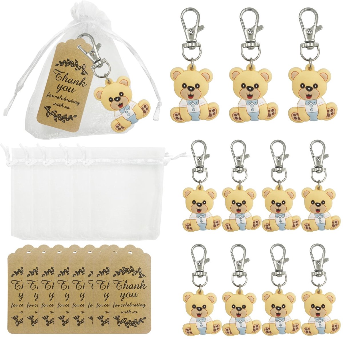 Dailygoods - Geschenken Doop 30 Stuks Beer Sleutelhanger 30 Stuks Organza Zakjes en 30 Stuks Bedankkaartjes voor Jongens Meisjes Verjaardagsfeestje Accessoires Baby Shower Decoratie