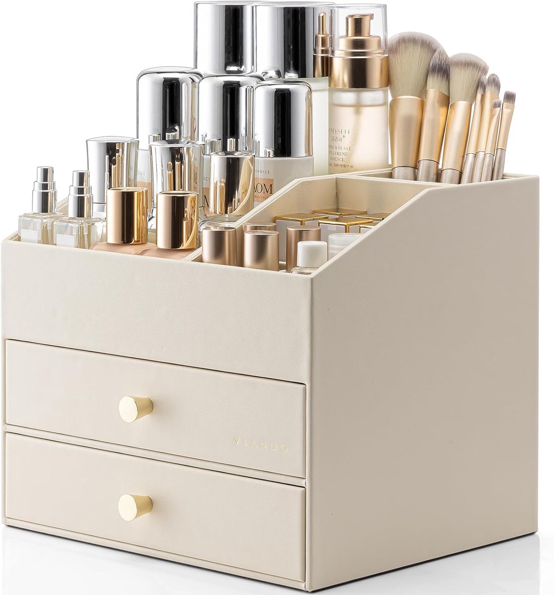 Thijox - Vlando Make-up Organizer met 3 Laden, Cosmetica-Organizer voor Badkamer en Dresser, Make-uptafel Organizer in Beige voor Skincare en Make-up