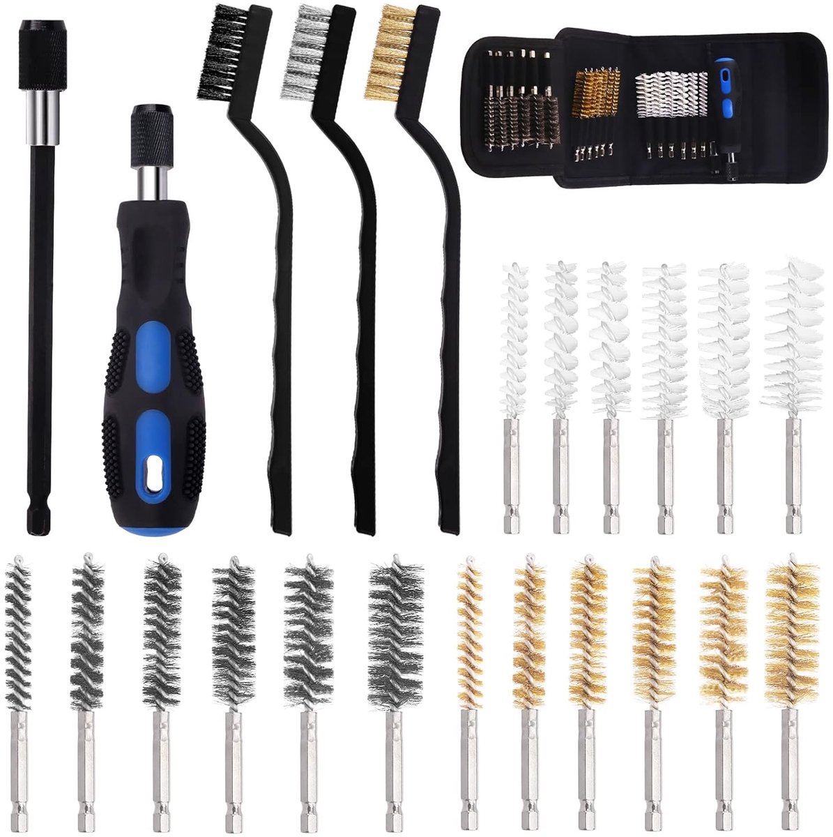 Thijox - 24 stuks Draadborstel Set met Roestvrij Staal, Messing en Nylon Reinigingsborstels, 6 Maten, Handvat en Gedraaide Borstel - 1/4 Inch voor Sch