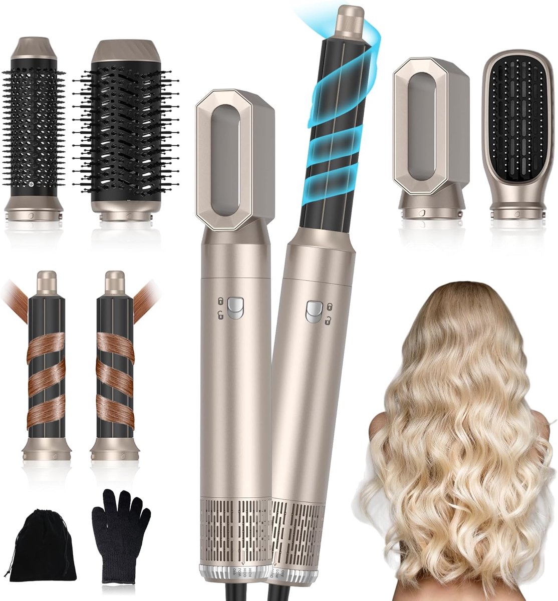 Thijox - UKLISS Haarstyler 6-in-1 Air Styler Set - Pro Haarstyler met Ronde Borstel-Föhn, Air Curler, Warme Lucht-Borstel, Föhnborstel en Gladmakende