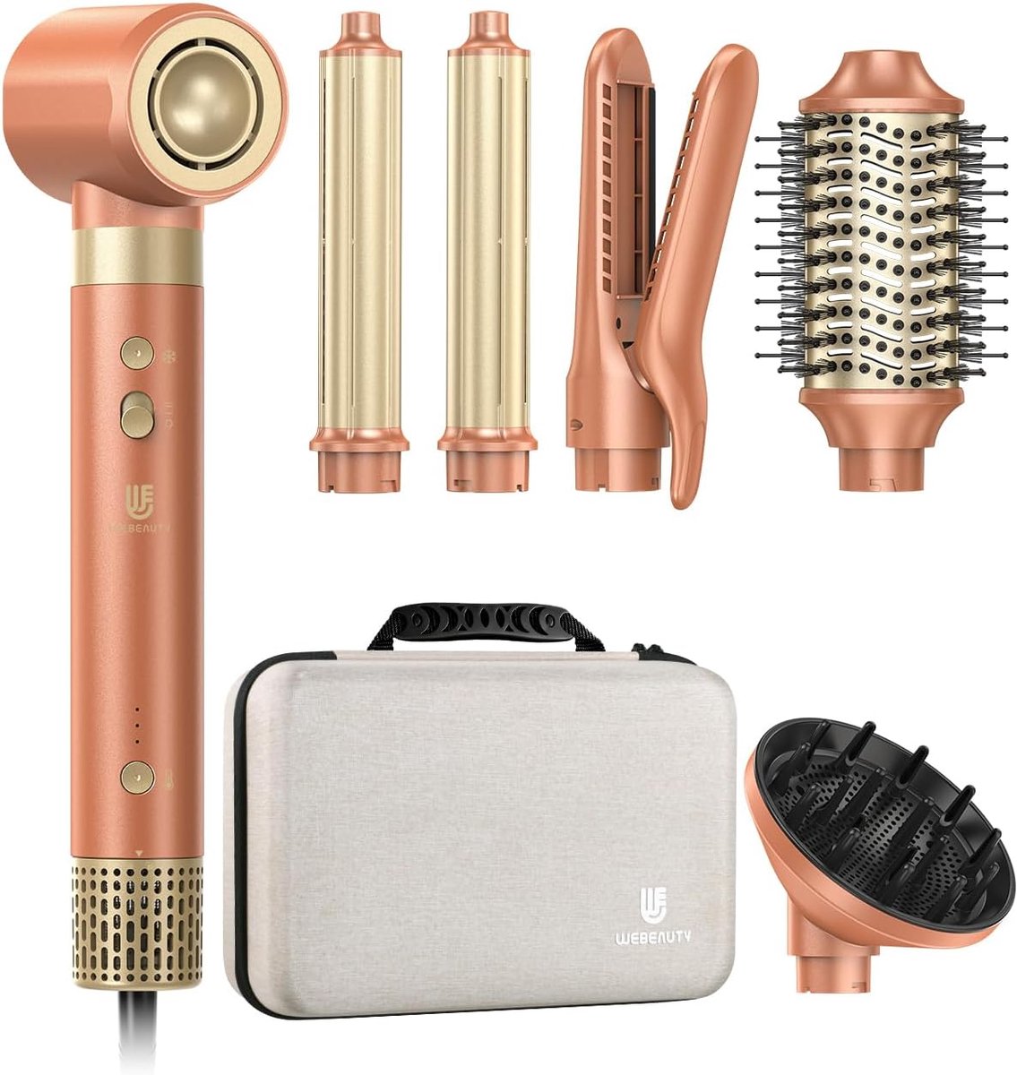 Thijox - Dual Voltage 7-in-1 Airstyler met Diffuser, Warmeluchtborstel, Automatische Krultang, 110.000 omw/min, 30 m/s Föhn voor alle Haartypes, 500 M