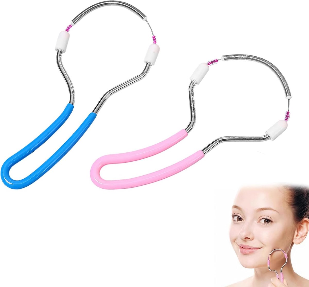 SnelShoppen - 2 Stuks Gevederde Haarverwijderaar Epilator Handmatige Roller voor Gezichtsbeharing - Roze en Blauw, Compact en Duurzaam