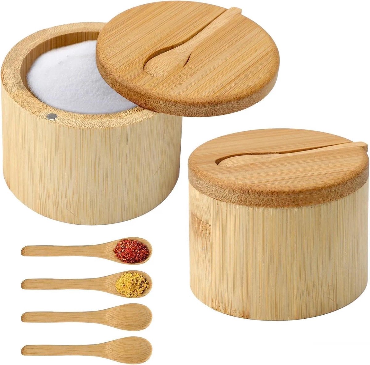 SnelShoppen - 2x Bamboo Salt Containers met Magnetische Deksel en 6 Lepels - Natuurlijk Houten Kruidenbox, Spijsopslag, 170g, Keukenaccessoires