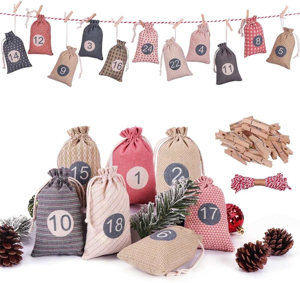 Inovra- Adventskalender om zelf te vullen - 24 Stuks - Kerstcadeauzakjes - Stoffen Zakjes - Kerstkalender - Creatief Cadeau