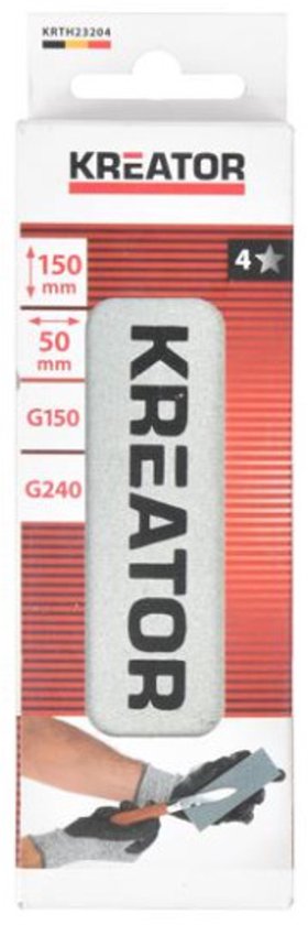 Verpakking van Kreator slijpsteen 150x50mm, korrel G150-G240, met afbeelding van gebruik.