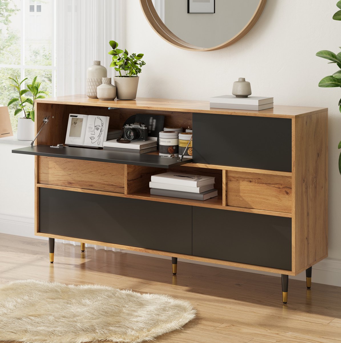 MIVRAY Dressoir - Multifunctionele Opbergkast Met 2 Lades En Open Middenvak - Voor Woonkamer En Hal - Natur Zwart - 140x40x84 5 Cm