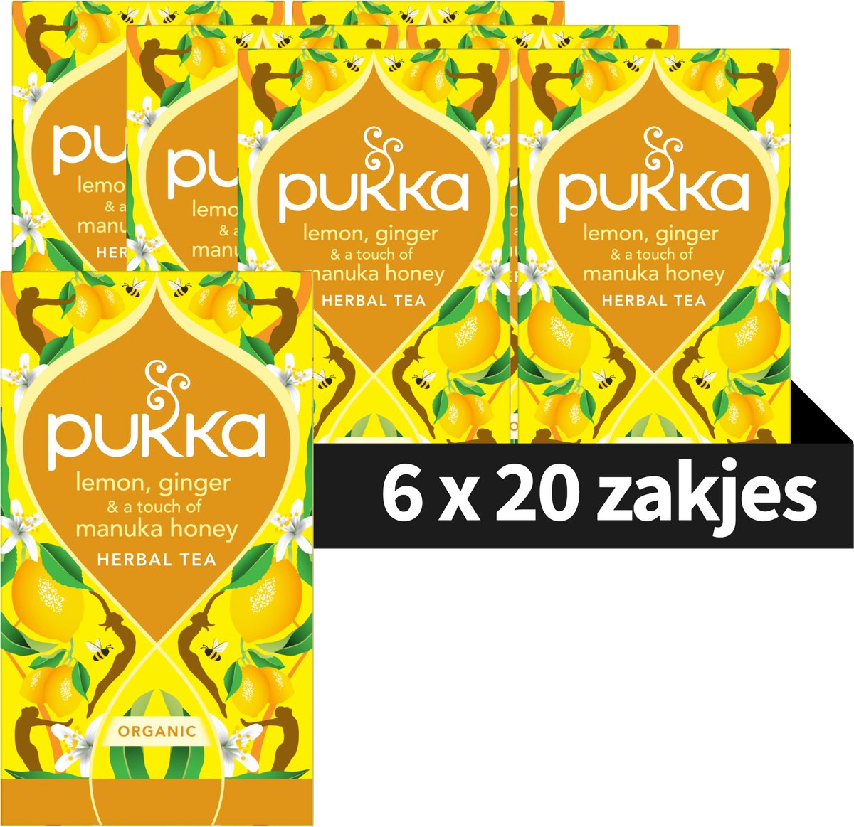 Pukka Tea Lemon, Ginger & Manuka Honey - 120 Theezakjes - Biologische Kruidenthee Citroen, Gember, Honing - 6 x 20 Zakjes - Thee Voordeelverpakking