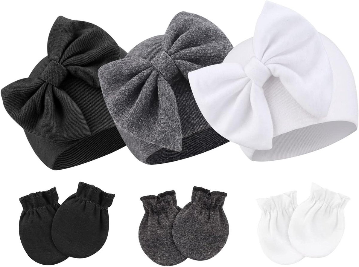 Baby mutsjes en wantjes - Baby accessoires - Baby verzorging - Zachte katoenmix - 0-6 maanden - Wit roze grijs