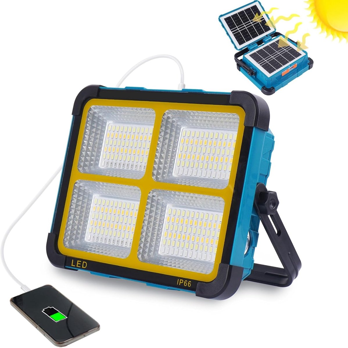 Thijox - 150W Draagbare Zonne Led Werklamp Oplaadbaar met 288 LED, 5 Modi, 11000mAh USB, Waterdichte Noodlamp voor Bouwen, Camping, Vissen en Buitenac