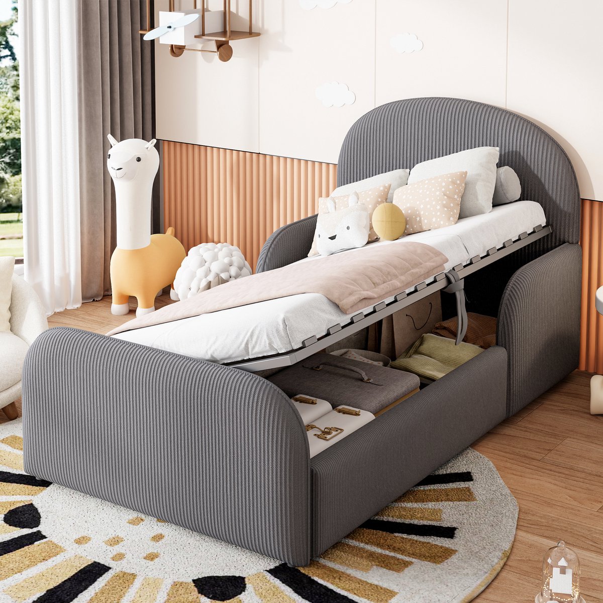 Kinderbed 90x200cm - met opbergruimte - hoge rugleuning - voeteneind en halve veiligheidsleuningen - grijs - zonder matras