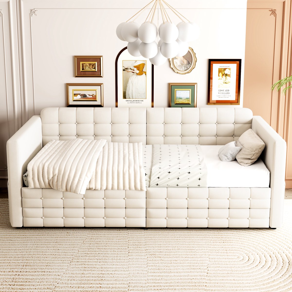 Slaapbank 90x190 cm - geruit patroon - met opbergruimte en twee lades - eenpersoonsbed - fluwelen stof - beige - zonder matras