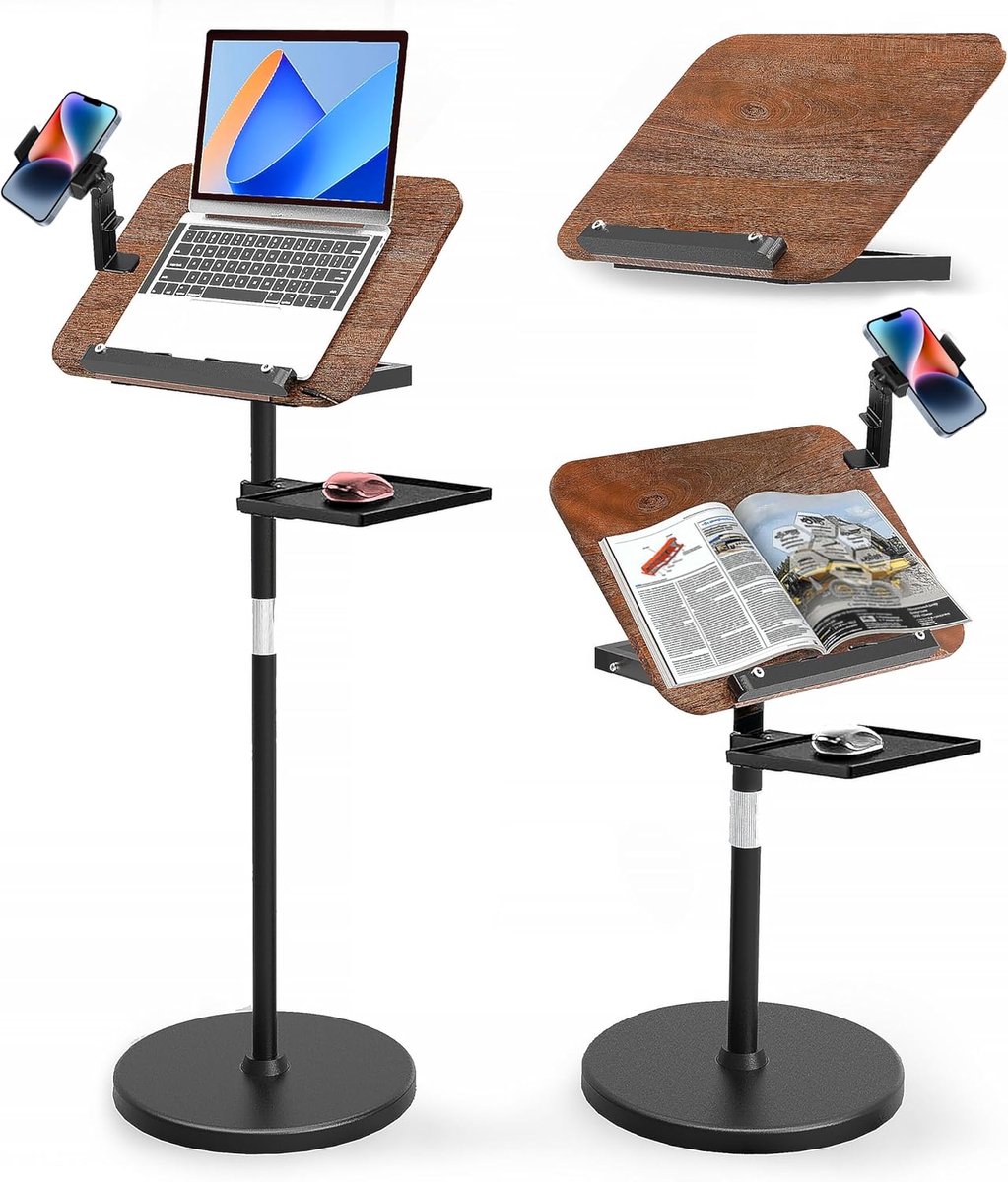 Thijox - 2 in 1 Boekenstandaard voor Lezen, Muziekstandaard met Lade, Hoogte Verstelbaar 23,5-52 Inch, Walnoot, Ideaal voor Koken, Studeren, Presenter