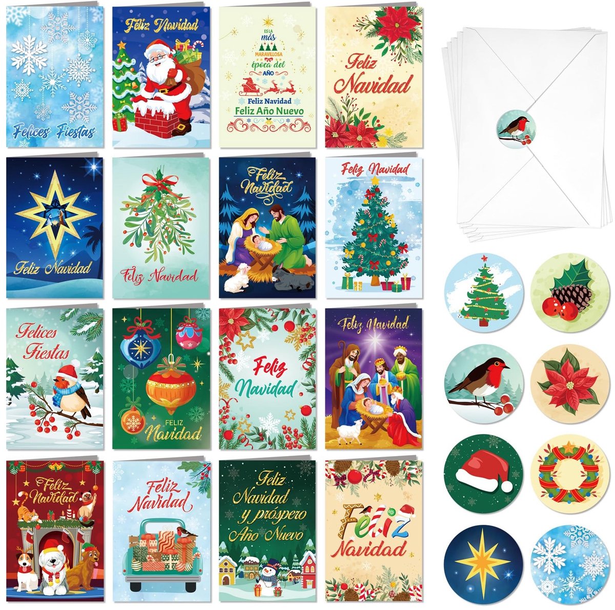 Dailygoods- Kerstkaarten set 16 stuks - Veelkleurig - Met stickers - Spaanse kerstgroet - Vrolijk kerstfeest - Heilige koningen - Wenskaarten