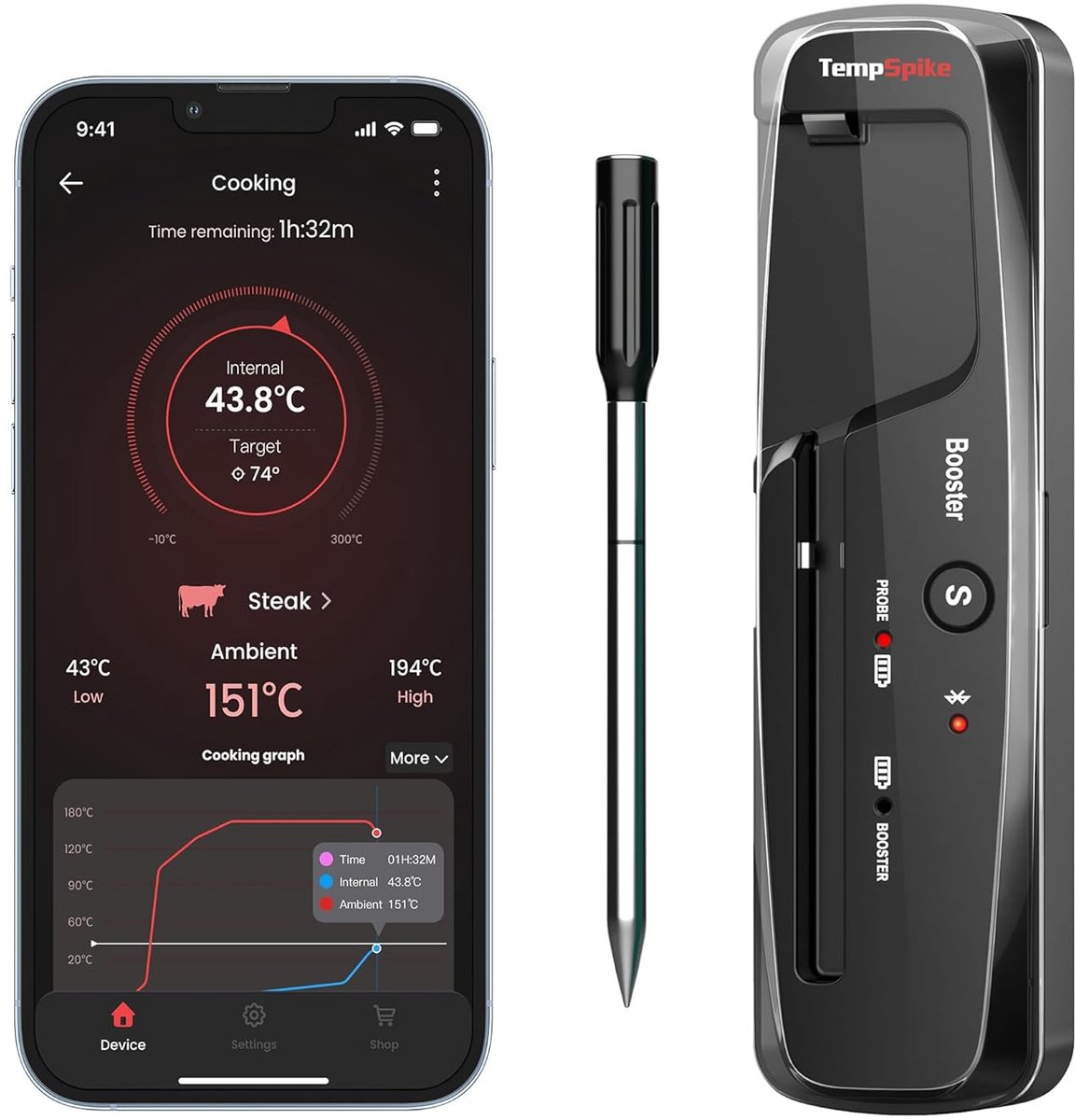 SnelShoppen - Draadloze Vleesthermometer ThermoPro TempSpike - Bluetooth Grillthermometer 150 m - IP67 Waterdicht - Vaatwasserbestendig - Voor Oven, G