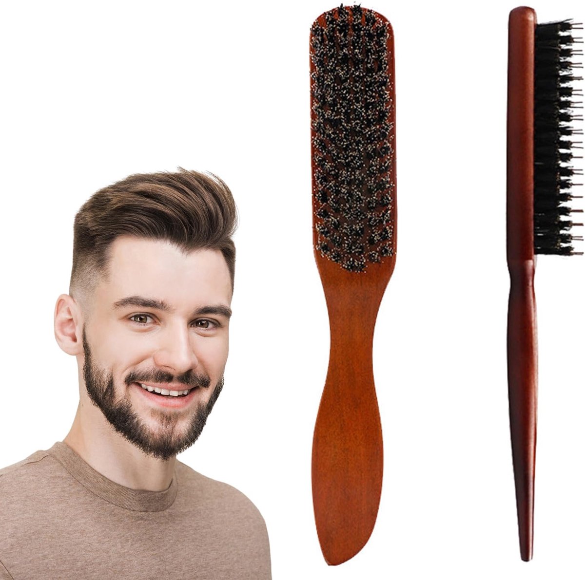 Thijox - 2 Stuks Wildzwijnharen Borstel en Kam - Professionele Natuurlijke Hoofdhuid Massage Borstel - Ideaal voor Haar en Baardverzorging - Compact e