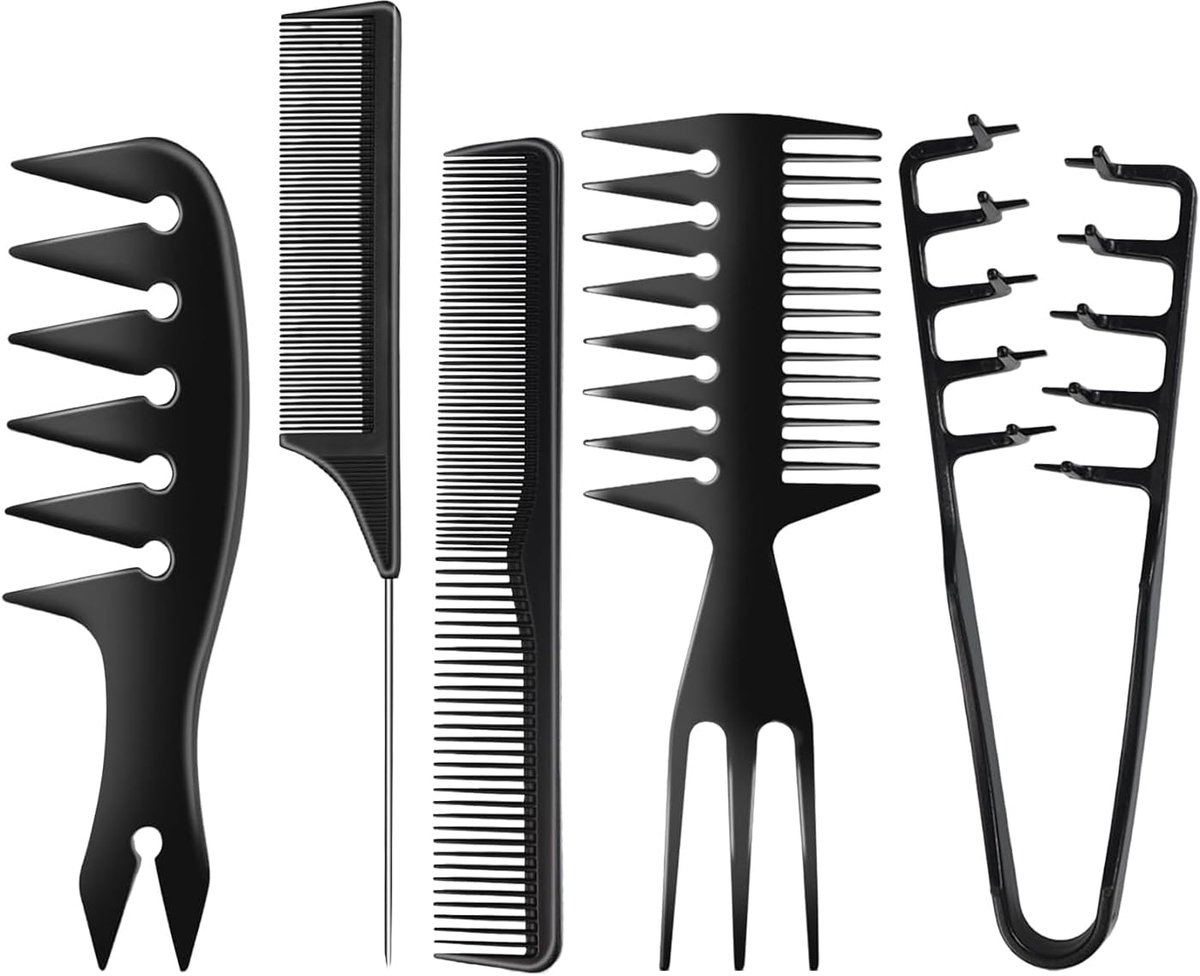 SnelShoppen - 5-delige Haarstylingset met Kam, Textuurkam voor Mannen, Coarse Kam voor Quiff, Puntkam voor Styling, Hittebestendig & Antistatisch, Zwa
