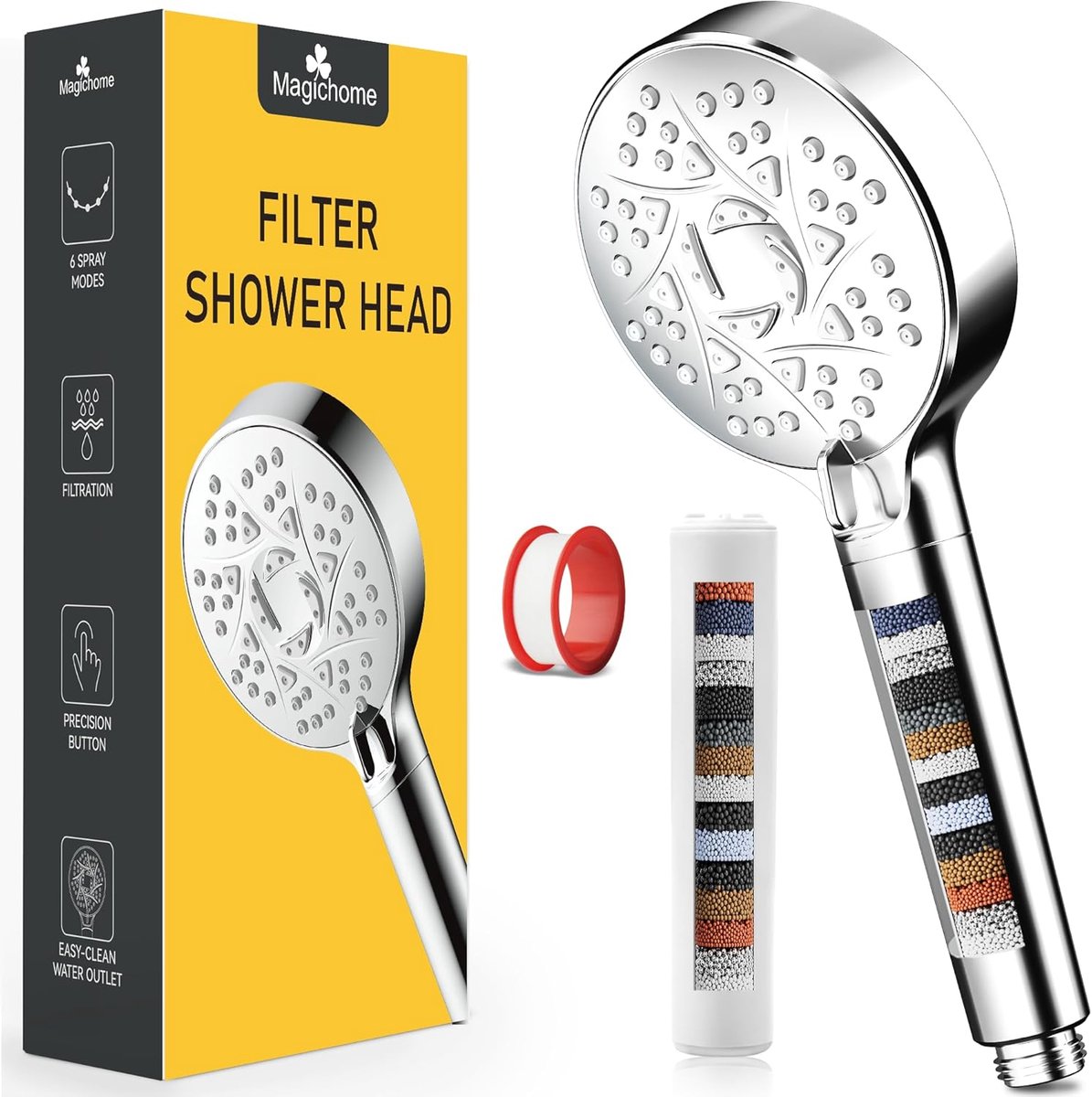 Thijox - Douchekop met Filter en 20-Traps Filtratie, 6 Straalsoorten, Waterbesparende Hogedruk Handdouche, Onthardt Hard Water met Verwisselbare Acces