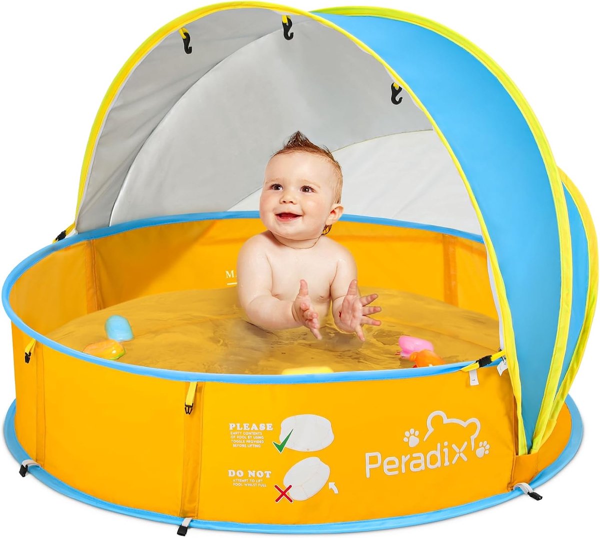 Thijox - Peradix 4 in 1 Pop Up Baby Badkuip, Babyzwembad met UV-bescherming, Draagbare Ballenbad en Babytent Strandtent voor Peuters (Blauw-Geel)