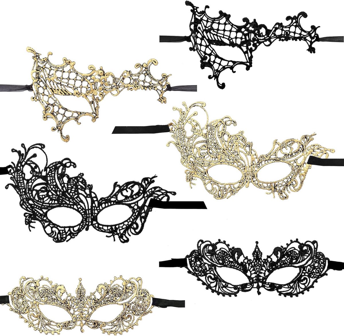 Thijox - 6 Stuks Masker voor Maskerade Feest, Zwart Goud Kant Oogmasker voor Vrouwen, Perfect voor Carnaval, Halloween, Prom en Bal Kostuum Feest