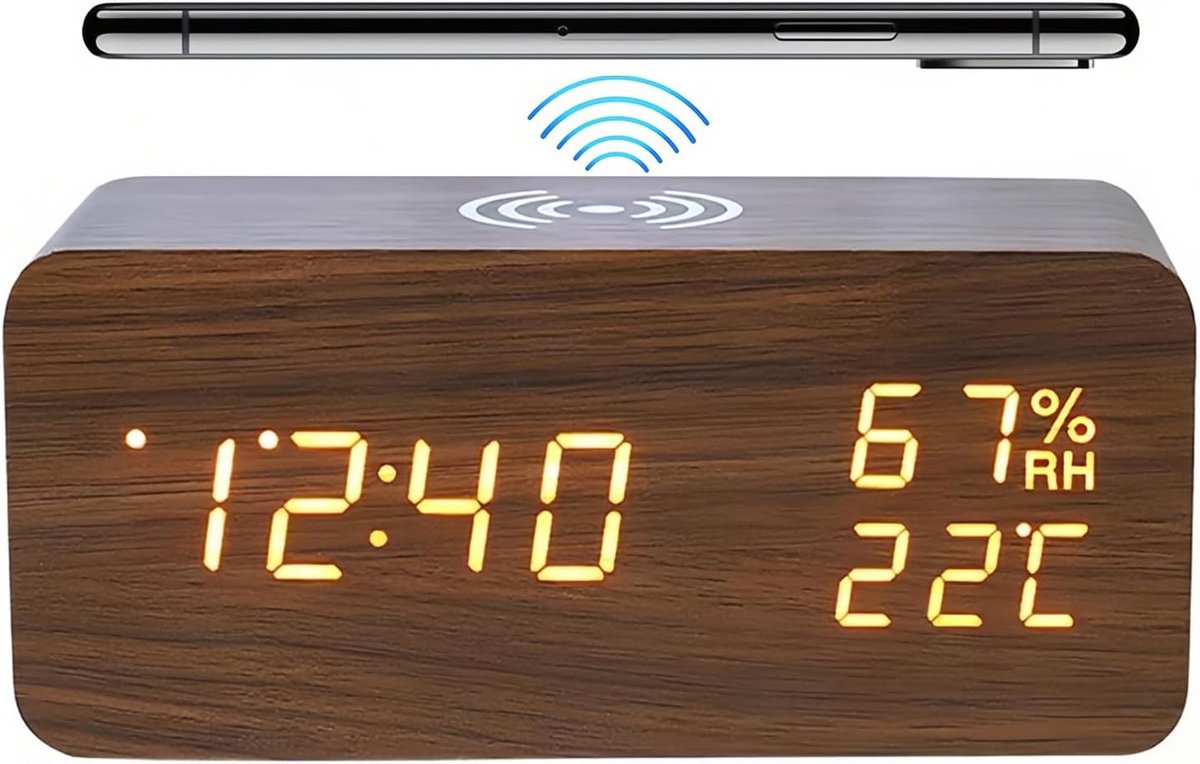 Thijox - Digitale Wekker met LED, Draadloos Opladen, Temperatuur & Luchtvochtigheid Weergave, 3 Alarmen, Instelbare Helderheid, Geluidsregeling voor S