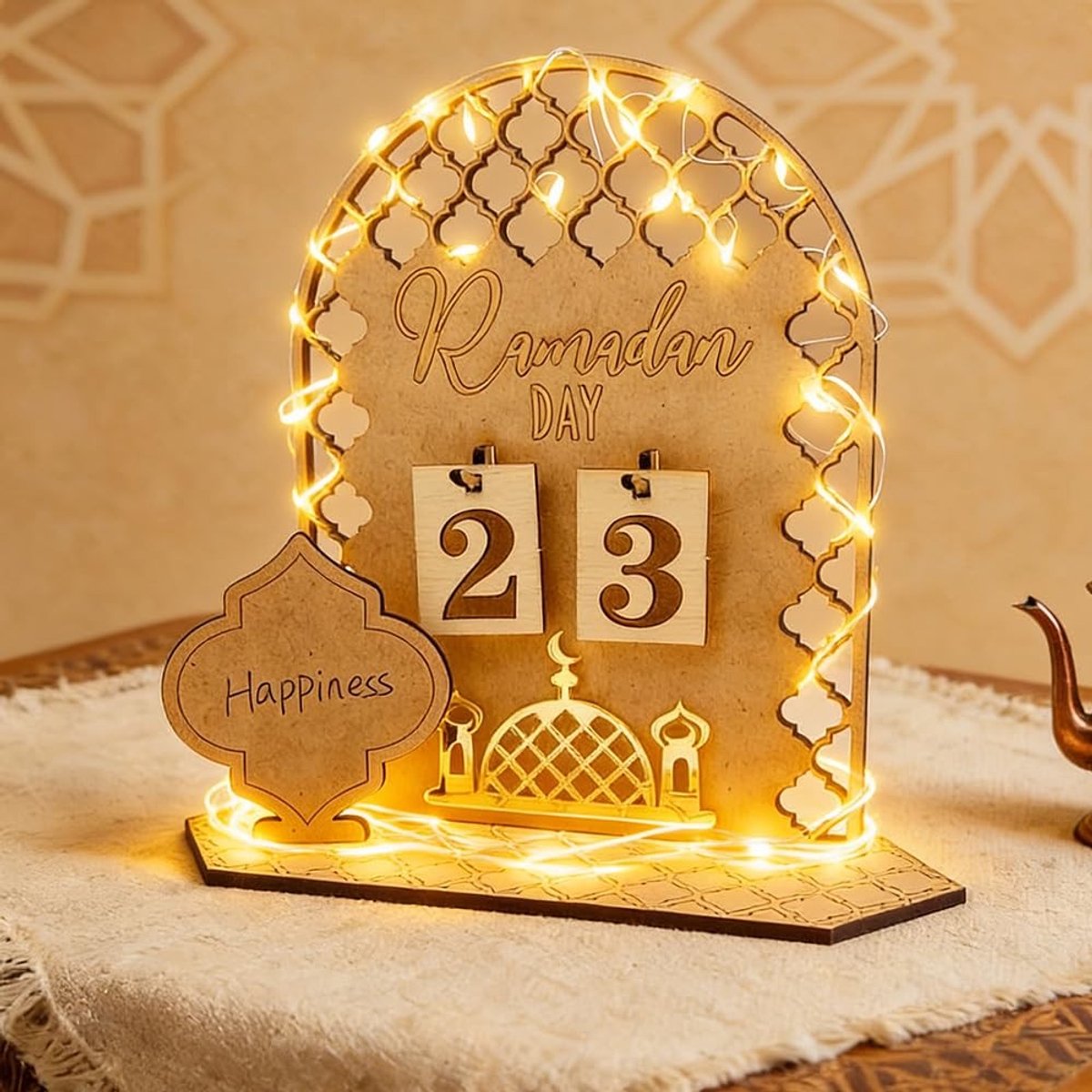 Dailygoods - Ramadankalender van hout met led-lichtsnoer, Ramadankalender voor kinderen, Eid Mubarak adventskalender, doe-het-zelf ramadan decoratie, 30 dagen aftelkalender voor moslims, ramadan-party