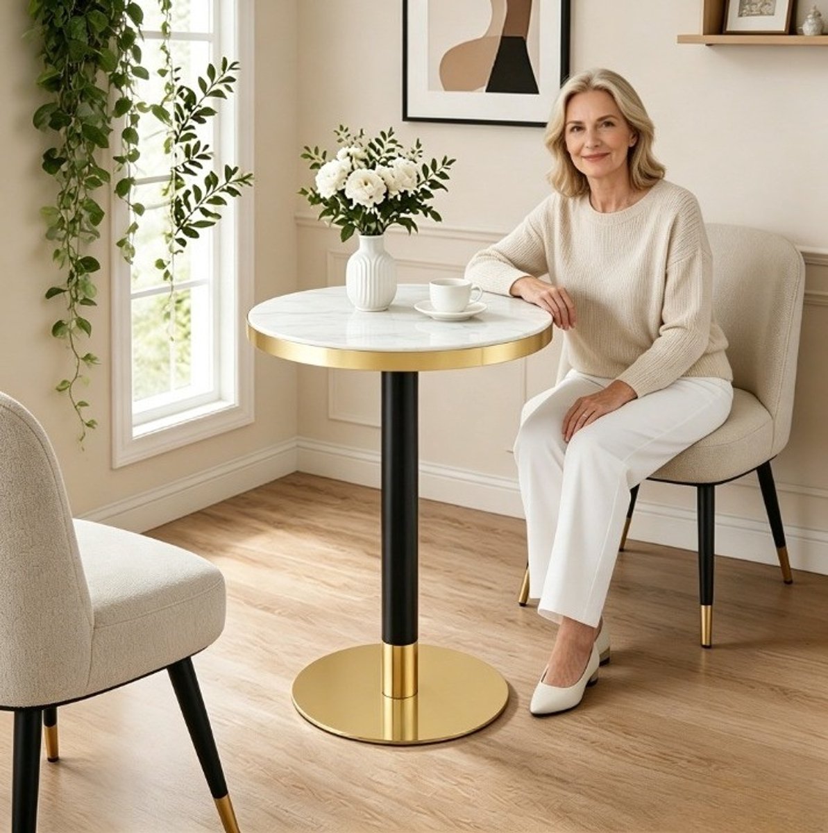 MIVRAY Bijzettafel - Ronde Tafel Met Marmerlook En Gouden Rand - Modern Voor Woonkamer Slaapkamer Of Balkon - MDF Metaal - 60 x 73,7 cm - Wit