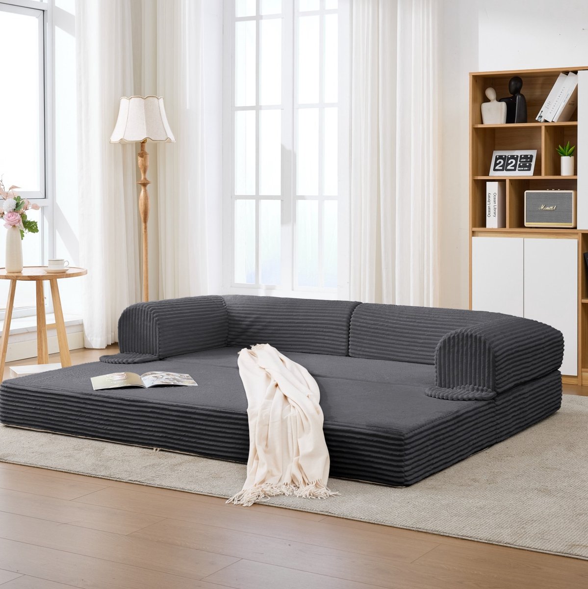 FloraGrace Slaapbank 2-Zits - Omvormbaar Tot Tweepersoonsbed Met Compact Vloermodel - Voor Woonkamer Of Logeerkamer - Cordstof - Grijs