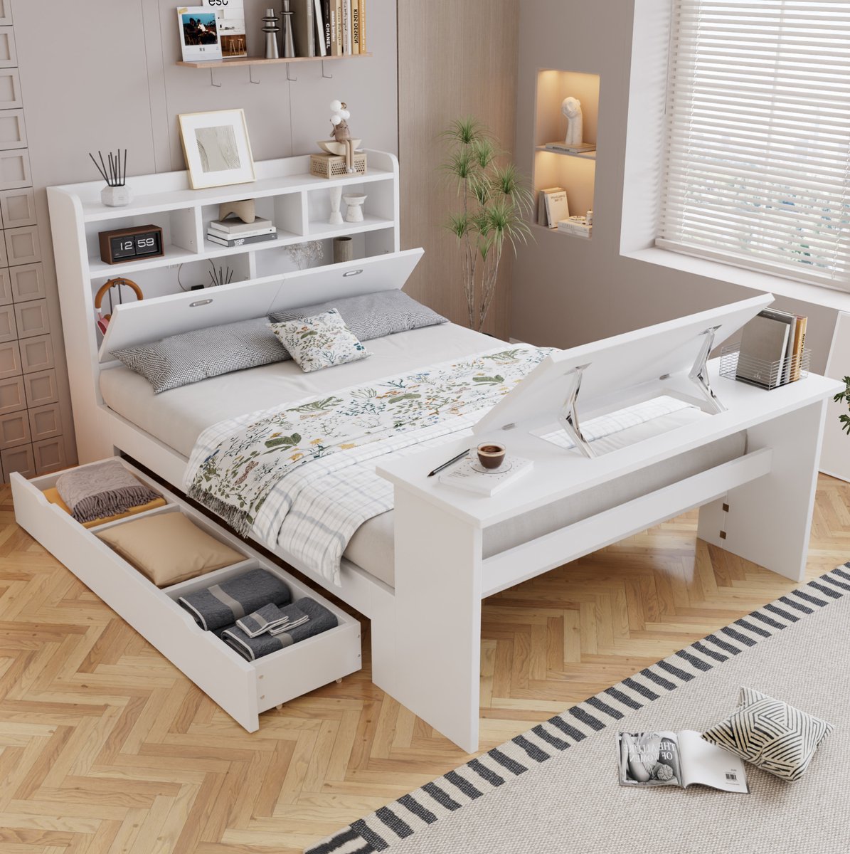 STILVORA Bedframe 140x200 cm - Multifunctioneel Kinder En Jeugdbed Met Opbergruimte En Klaptafel - Lattenbodem - Voor Slaapkamer En Studieruimte - Hout - Wit - Zonder Matras