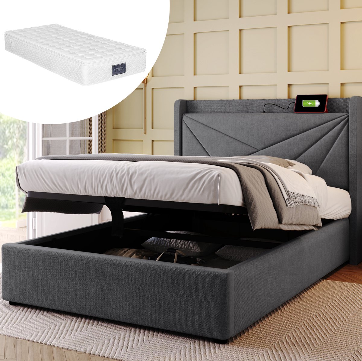 MIVRAY Eenpersoonsbed 90x200 cm - Gestoffeerd Bed Met USB en USB C Hoofdbord - Opbergruimte en Lattenbodem - Stof Grijs - Zonder Matras