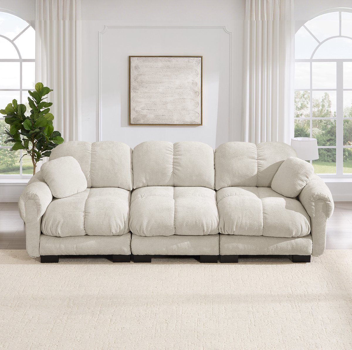 FloraGrace Zitbank 3-Zits - Cloudbank Met 2 Sierkussens En Gestikt Design - Zacht En Ondersteunend Voor Woonkamer - Chenille - Licht Khaki